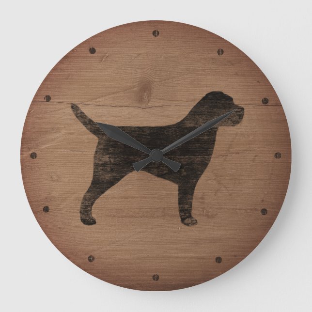 Gräns Terrier Silhouette Rustic Stil Stor Klocka (Framsida)