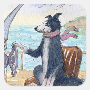 GränsColliehunden som rundar upp, vinkar på havet Fyrkantigt Klistermärke