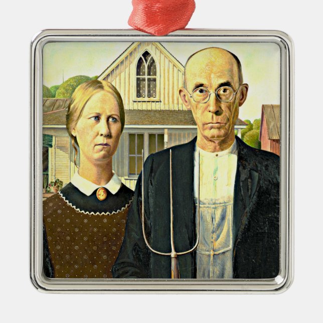 Grant Wood - American Gothic, berömd Americana art Julgransprydnad Metall (Framsidan)
