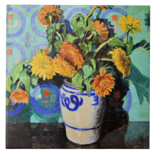 Grant Wood - Calendulas, målning av blommigt Kakelplatta