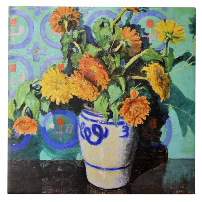 Grant Wood - Calendulas, målning av blommigt Kakelplatta (Framsidan)