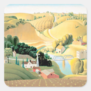 Grant Wood - Stone City, Iowa, bra Art-målning Fyrkantigt Klistermärke