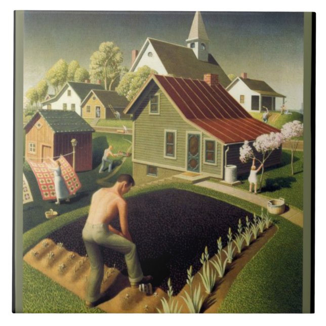 Grant Wood - Vår i staden, berömd-målning, Kakelplatta (Framsidan)