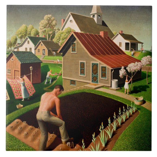 Grant Wood - Vår i staden, bra konsmålning Kakelplatta (Framsidan)