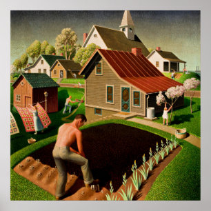 Grant Wood - Vår i staden, bra konsmålning Poster