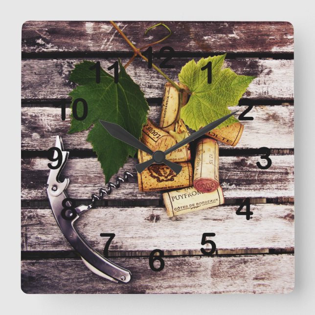 Grape löv, vin flaska kork och korkskruv fyrkantig klocka (Framsida)