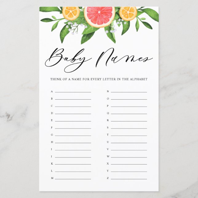 Grapefruit Barn namn Alphabet Baby Shower-spel (Framsida)
