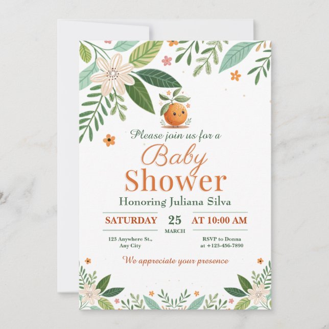 Grapefruit Orange Citrus Little Cutie babydusch Inbjudningar (Framsida)