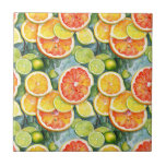 Grapefrukter, citroner, citrusfrukter och Orangar Kakelplatta<br><div class="desc">En vattenfärgad illustration mönster av citroner,  kalk,  orangar och grapefrukter. Juicy citrus in coral,  gult and lime green ceramic tile.</div>