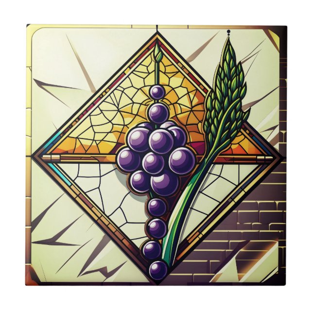 Grapes and Wheat Stained Glass Ceramic Tile Kakelplatta (Framsidan)