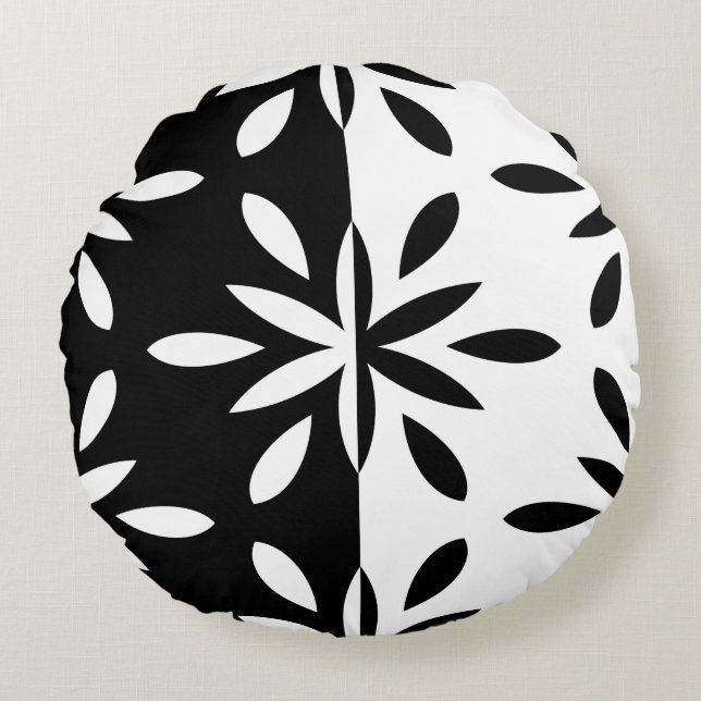 Graphic Black and White Geometric Flower Mönster Rund Kudde (Framsidan)