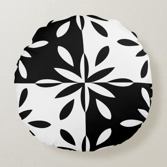 Graphic Black and White Geometric Flower Mönster Rund Kudde (Framsidan)