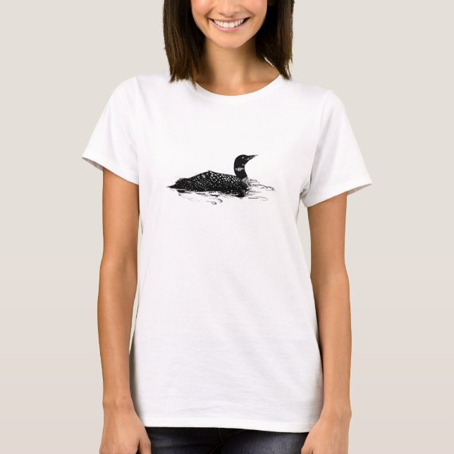 Graphic Black Pen och Bläck Common Loon Bird Vatte Tee Shirt (Framsida)