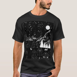 Graphic Black White Deertown Starry moonlit night T Shirt