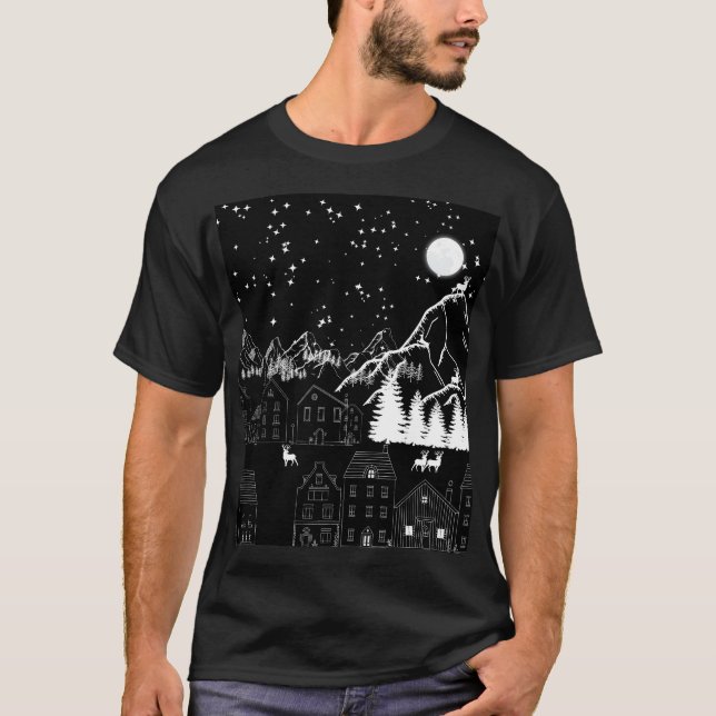 Graphic Black White Deertown Starry moonlit night T Shirt (Framsida)