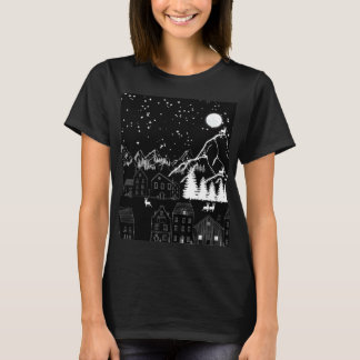 Graphic Black White Hjort town Starry moonlit nigh T Shirt