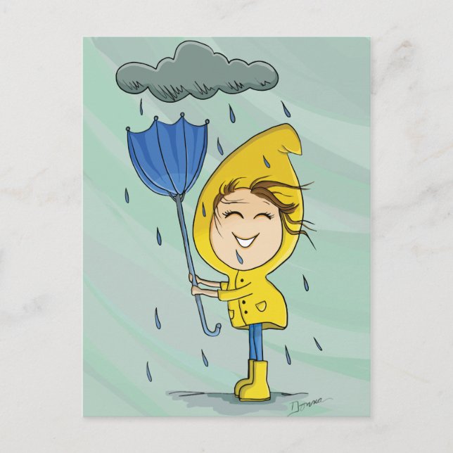 Graphic för Cute Girl Rainy Windy Day Vykort (Framsida)