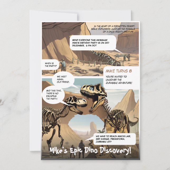 Graphic Novel PreHistoric Äventyr Birthday Inbjudningar (Framsida)