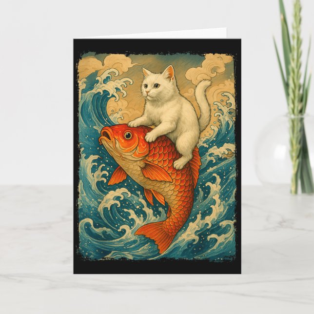 Graphic Tee Men Women Funny Cat Koi Japanese Art W Kort (Framsida)