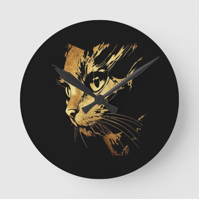 Graphique Élégant Chat Noir et Or Texturé Rund Klocka (Framsida)