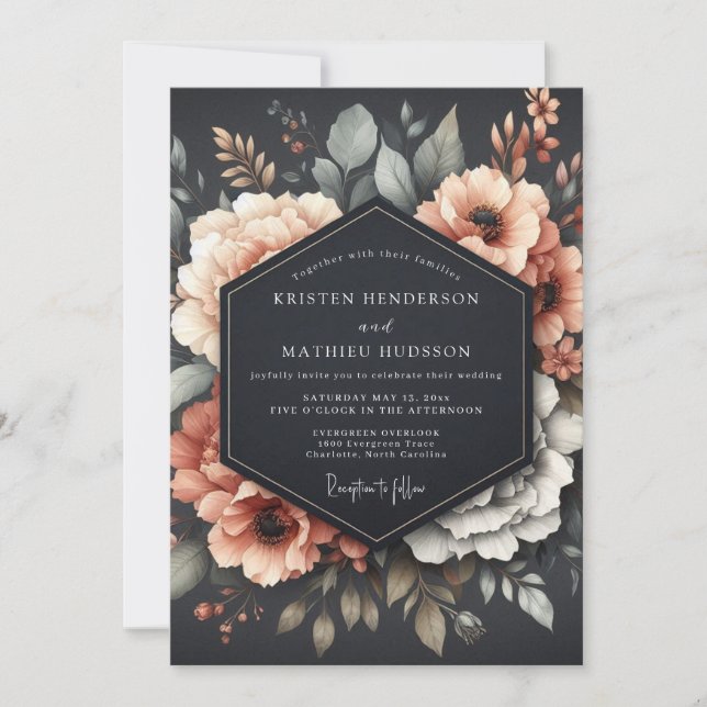Graphite Coral Somber Flora Wedding Inbjudningar (Framsida)
