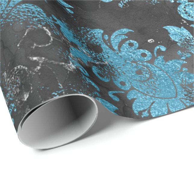 Graphite Grått Blue Black Blommigt Grungy Shabby Presentpapper (Rullad Hörn)
