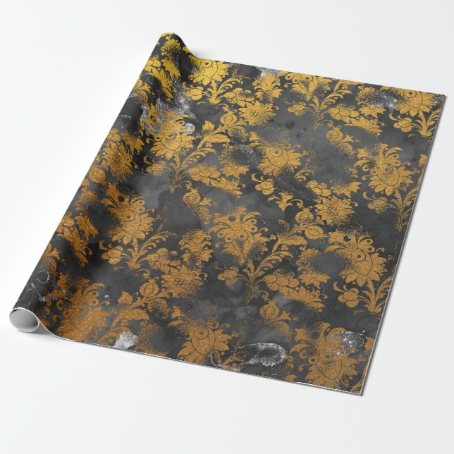 Graphite Grått Guld Black Blommigt Grungy Chic Presentpapper (Utrullad)