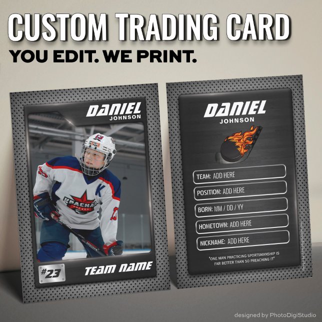 Graphite Ice Hockey Trading Card, spelkort (Custom Hockey Trading Card, Red Graphite Player Card)