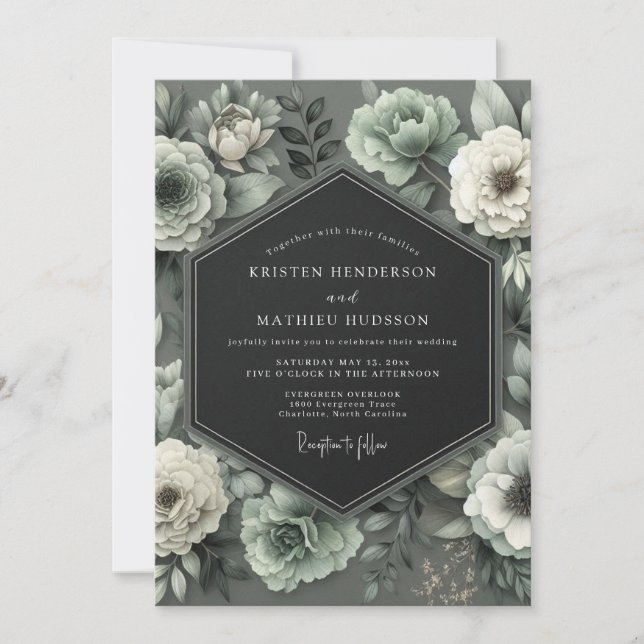 Graphite Mint Bloom Wedding Inbjudningar (Framsida)