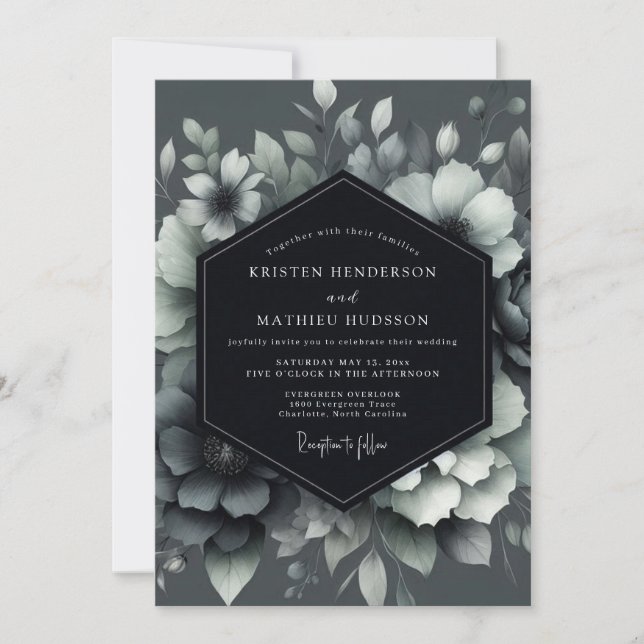 Graphite Shadowy Bloom Wedding Inbjudningar (Framsida)