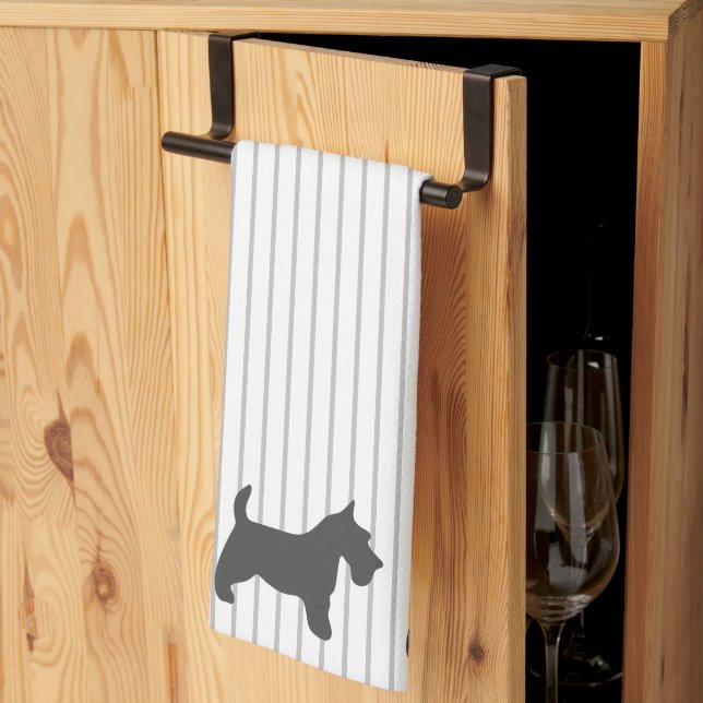 Graphite Terrier på Grått Rand Kökshandduk (Thirds Fold)