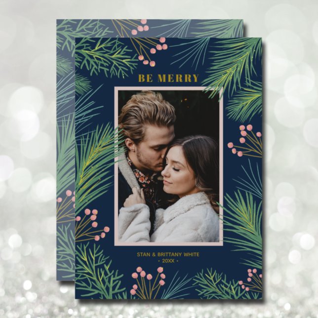 Gräs Berries Photo Navy Blue jul Julkort (Skapare uppladdad)