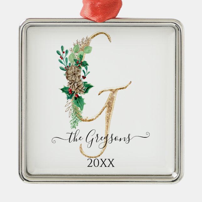 Gräs Cone Holly jul Guld Glitter Monogram G Julgransprydnad Metall (Framsidan)