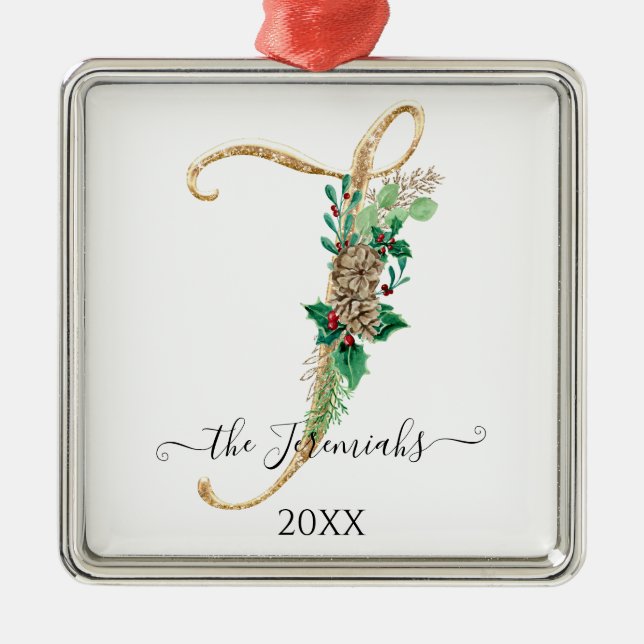 Gräs Cone Monogram J Guld Glitter Holly jul Julgransprydnad Metall (Framsidan)