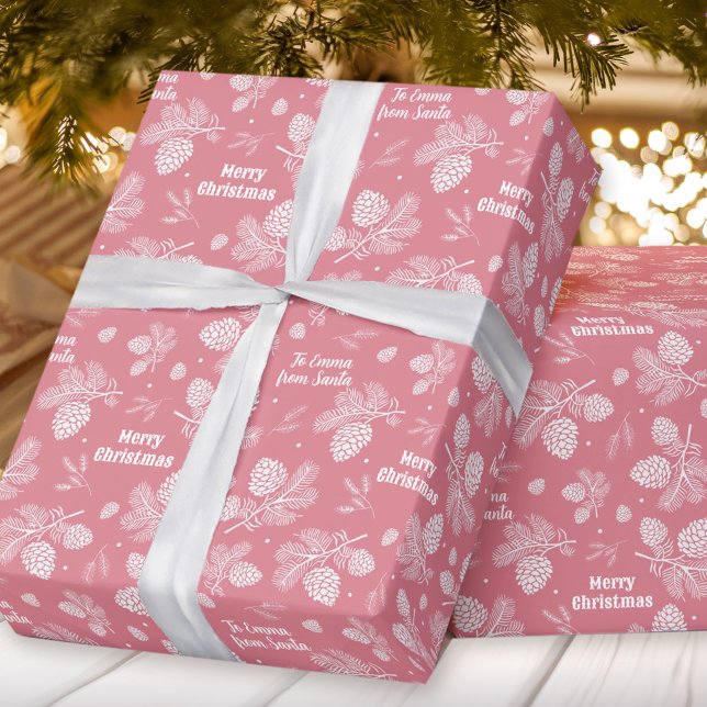 Gräs Cone Mönster Rosa Namn - juljul Presentpapper (Pine Cone Pattern Pink Name Text Christmas Wrapping Paper)