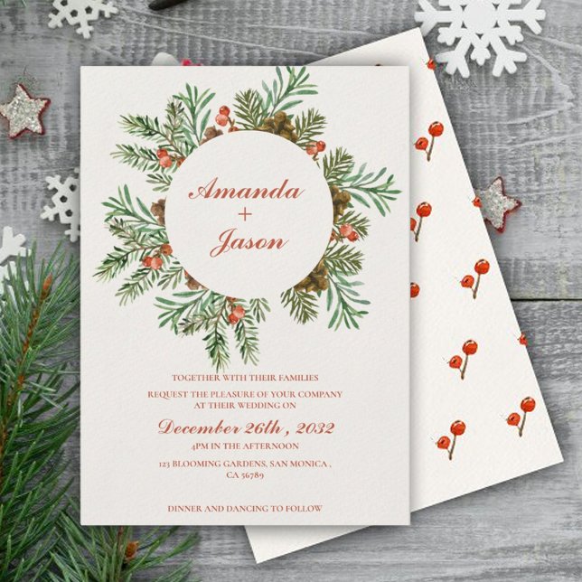 Gräs Cone Red Berries julbröllopsinbjudan (Pine Cone Red Berries Christmas wedding Invitation)