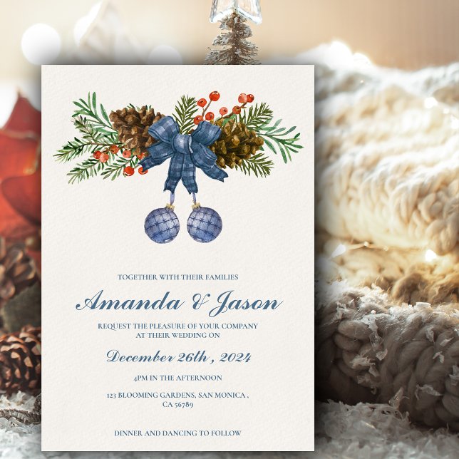 Gräs Cone Red Berries julbröllopsinbjudan (Pine Cone Red Berries Christmas wedding Invitation)