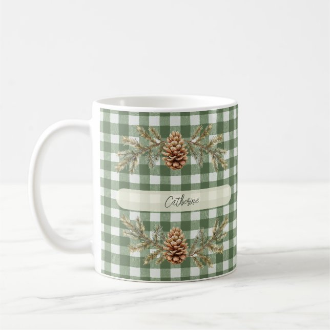 Gräs Cones och Grenar Personlig Gingham Kaffemugg (Vänster)