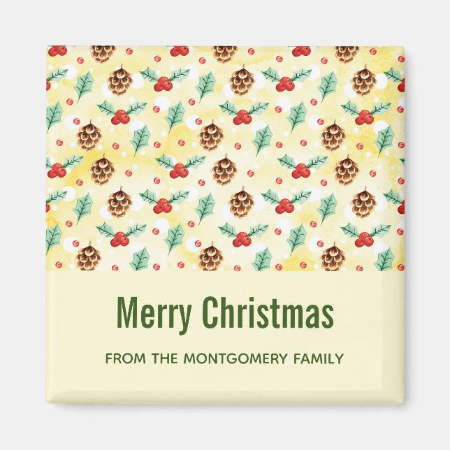 Gräs Cones och Holly jul Mönster Magnet (Framsidan)