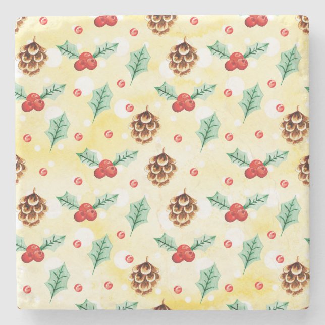 Gräs Cones och Holly jul Mönster Stenunderlägg (Framsidan)