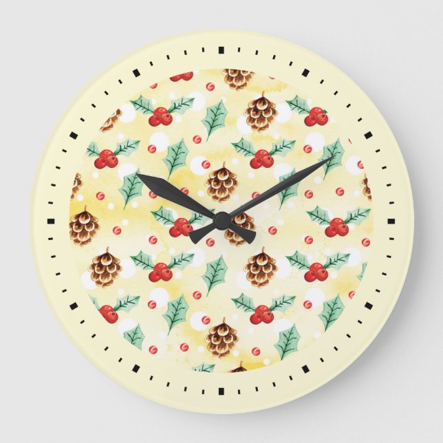 Gräs Cones och Holly jul Mönster Stor Klocka (Framsida)
