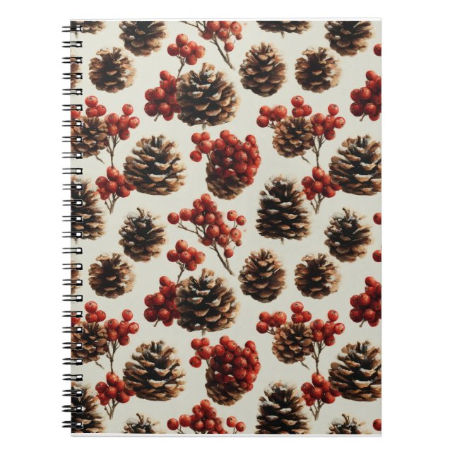 Gräs Cones och Red Berries Winter Mönster Anteckningsbok (Framsidan)