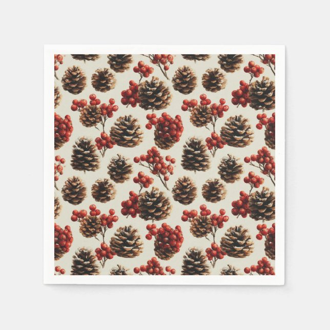 Gräs Cones och Red Berries Winter Mönster Pappersservett (Framsidan)