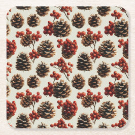 Gräs Cones och Red Berries Winter Mönster Underlägg Papper Kvadrat