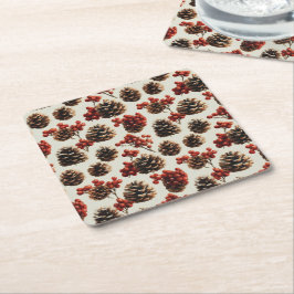 Gräs Cones och Red Berries Winter Mönster Underlägg Papper Kvadrat