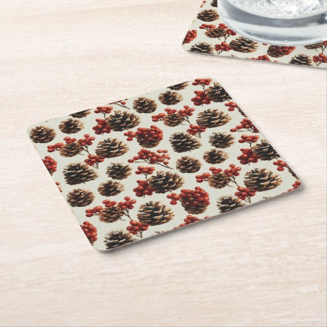 Gräs Cones och Red Berries Winter Mönster Underlägg Papper Kvadrat (Vinklad)