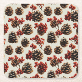 Gräs Cones och Red Berries Winter Mönster Underlägg Papper Kvadrat