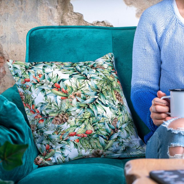 Gräs Cones Winter Berries Festive Helgdag Blommigt Kudde (Skapare uppladdad)