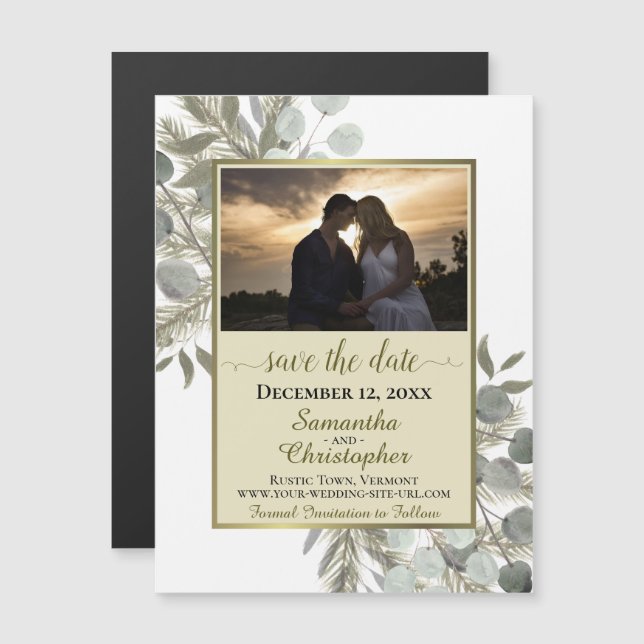 Gräs Eucalyptus Bröllop spara datum Photo Guld Magnetisk Inbjudningskort (Fram/baksida)
