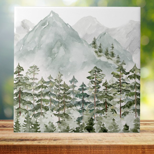 Gräs Forest and Mountain Watercolor Kakelplatta (Close up)